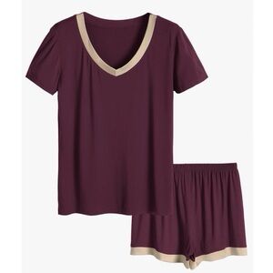 Latuza Wine Red V-neck Sleepwear Short Sleeve Pajama Shorts Set Size Large